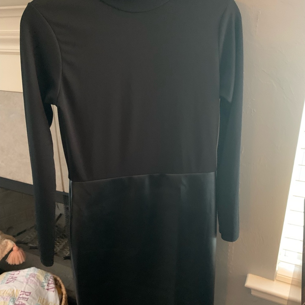 Jersey And Faux Leather midi black tie dress